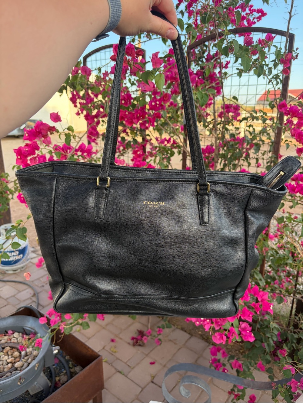 Coach Black Leather Tote with Gold Logo